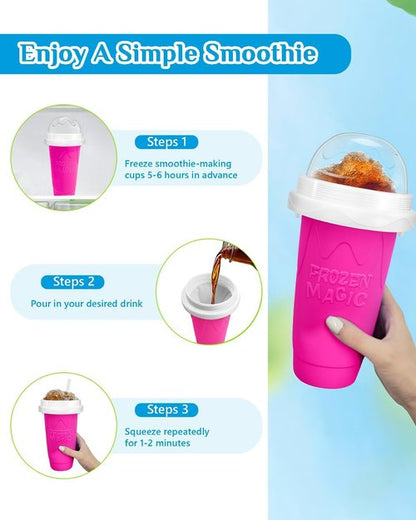 DIY Magic Slushy Maker Cup - Portable Double Layer Silica Slushie Cup with Lid & Straw - Pink
