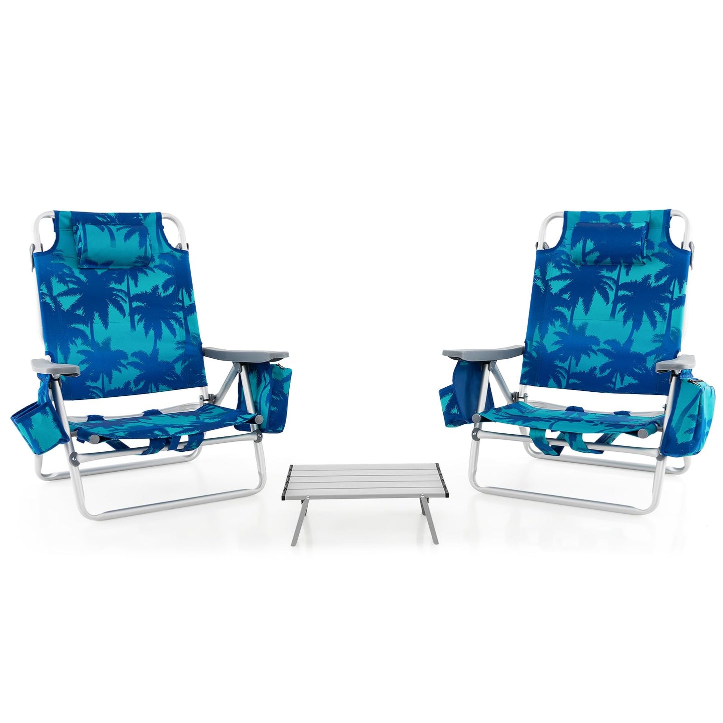 GYMAX Beach Chairs, Backpack Camping Chair with Armrest, Cooler Bag, Cup Holder, Towel Bar & Side Pockets, Sunbath Sling Tanning Lounge, Folding Layout Chair (with Table, Coconut Tree)