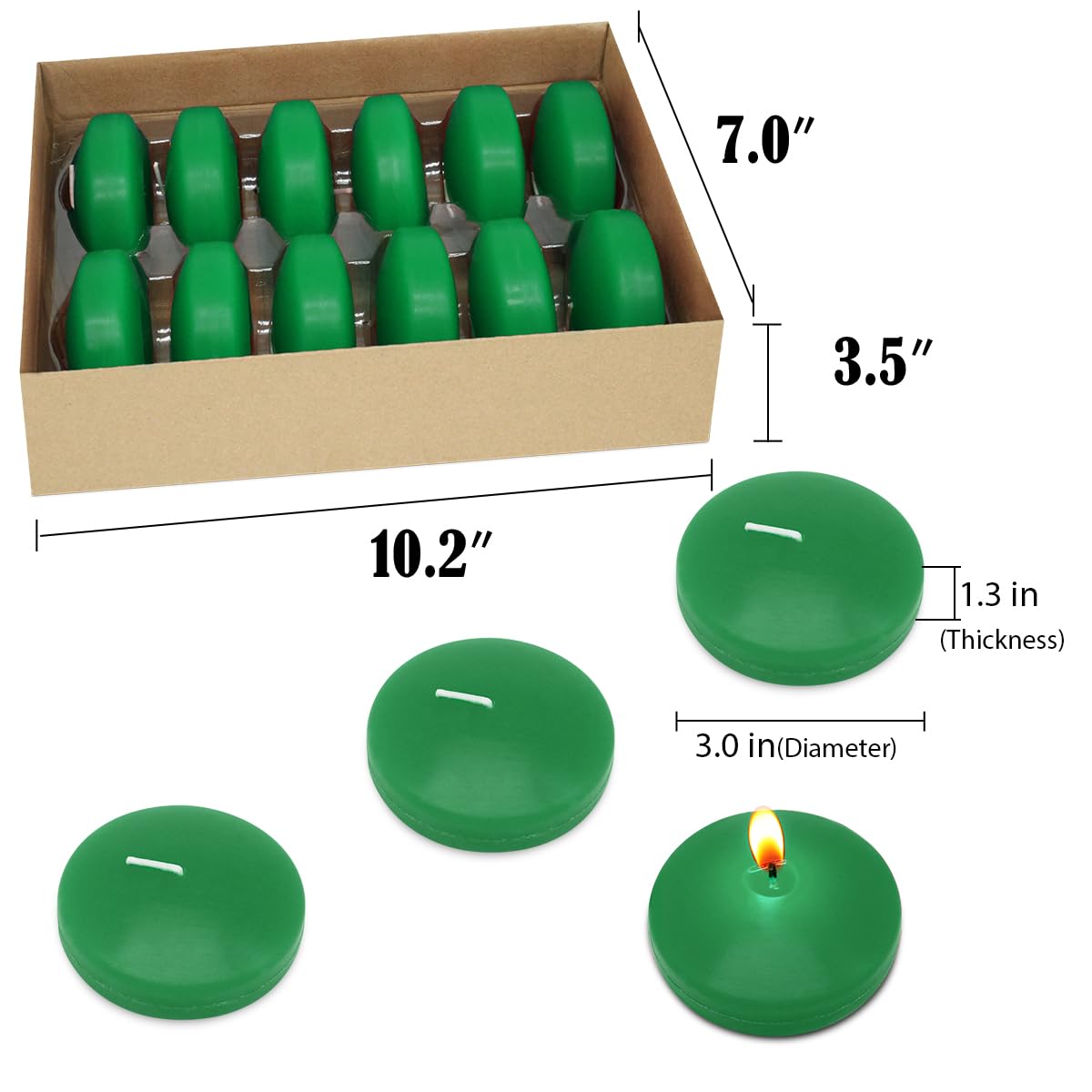Set of 12 3 Inch Green Floating Candles Large Unscented Dripless Water Wax Floating Candles for Vases, Centerpieces at Wedding, Party, Pool, Holiday, St. Patrick's Day - 10 Hour Burning
