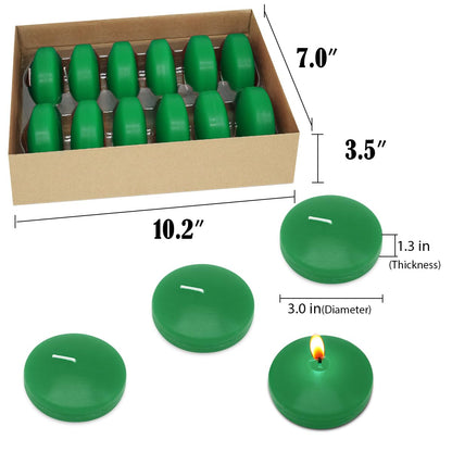 Set of 12 3 Inch Green Floating Candles Large Unscented Dripless Water Wax Floating Candles for Vases, Centerpieces at Wedding, Party, Pool, Holiday, St. Patrick's Day - 10 Hour Burning