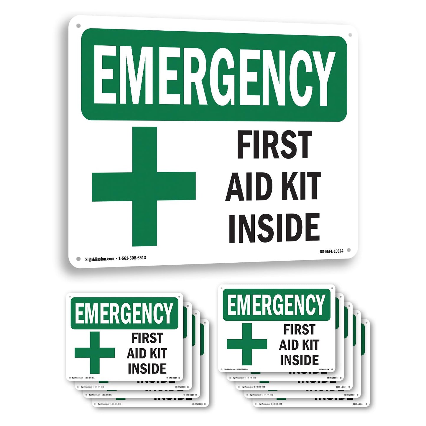 First Aid Kit Inside OSHA Emergency Rigid Plastic Sign 18 Inch x 12 Inch - 10 Pack