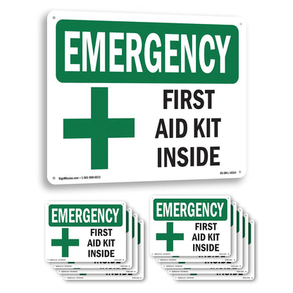 First Aid Kit Inside OSHA Emergency Rigid Plastic Sign 18 Inch x 12 Inch - 10 Pack