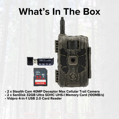 Stealth Cam 40MP Deceptor Max Cellular Trail Camera with 0.4-Second Trigger Speed (2-Pack) Bundle with 32GB Memory Card (2-Pack) and 4-in-1 Card Reader (4 Items)