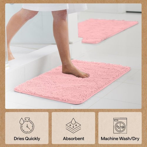 GORILLA GRIP Bath Rug Mat - Thick, Soft Chenille | Quick-Dry Microfiber, 30x20, Light Pink