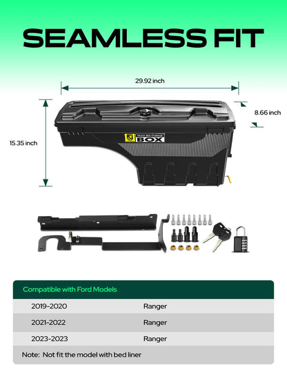 YHTAUTO Truck Bed Storage Tool Box Lockable Compatible with Ford Ranger 2019 2020 2021 2022 2023, Passenger Side, Not Fit the Model with Bed Liner, Swing Waterproof Wheel Well Toolbox