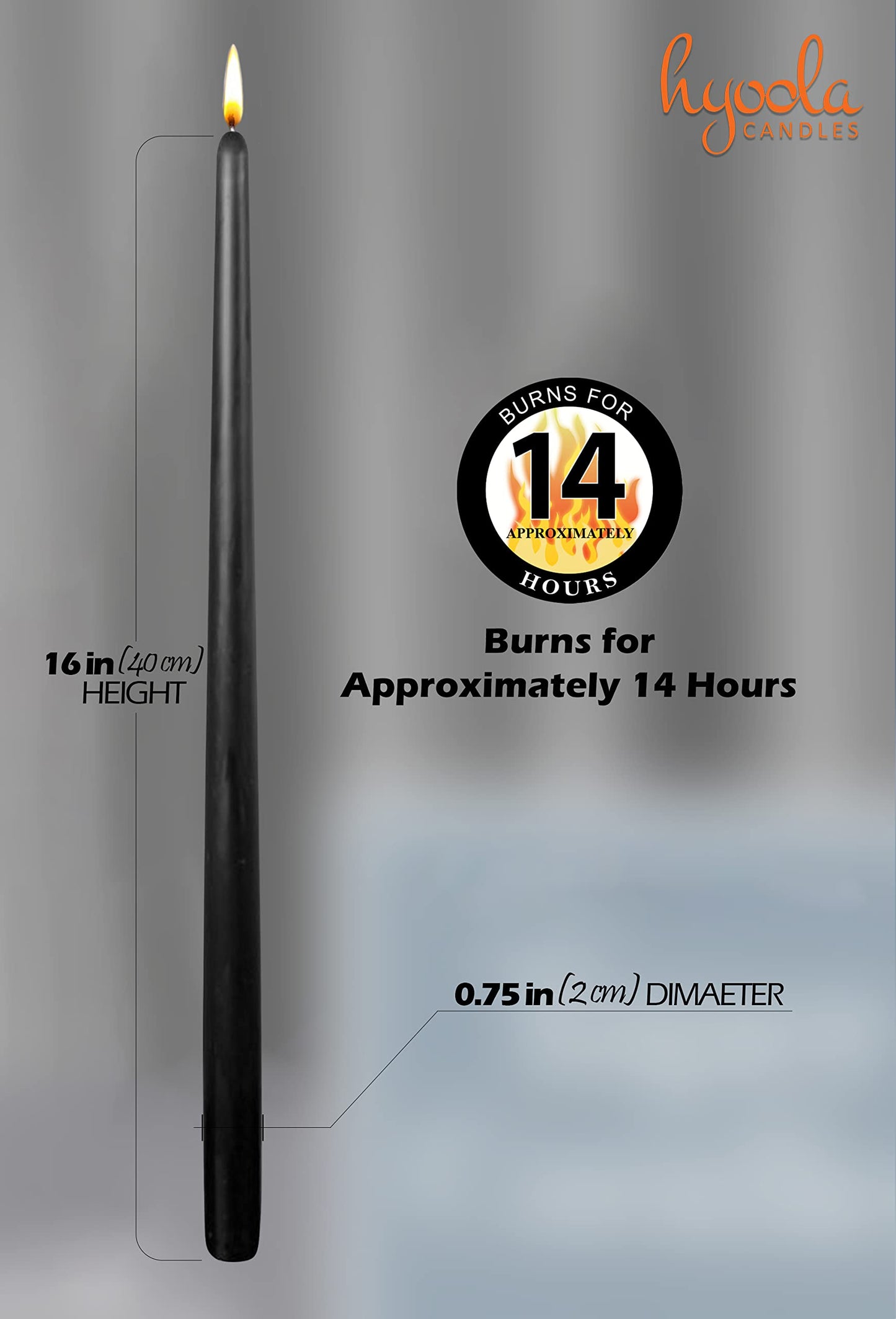 Hyoola Tall Taper Candles - 16 Inch Black Unscented Dripless Taper Candles - 14 Hour Burn Time - 8 Pack