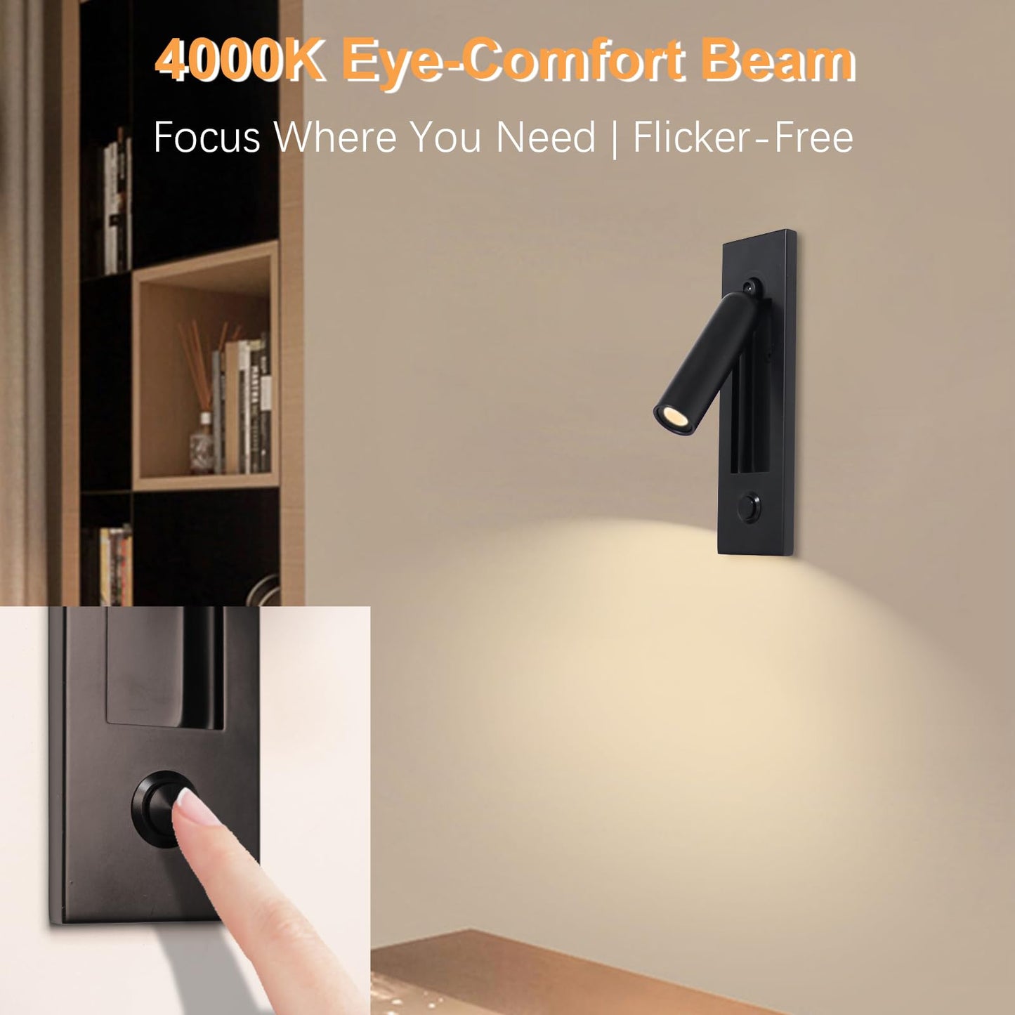 YFMYY Set of 2 Led Headboard Wall Light, 350°Rotation Portable Plug in Wall Sconce Hardwired, Bedside Reading Light Recessed Push Switch, Hotel Bed Side Decor Wall Sconces Spotlight (Matt Black)