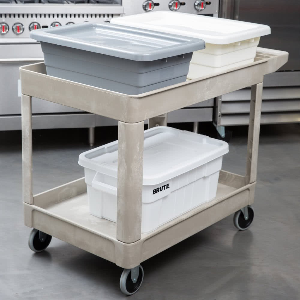 Rubbermaid Commercial Products Heavy Duty 2-Shelf Utility/Service Cart, Medium, Lipped Shelves, Storage Handle, 500 lbs. Capacity, Beige, for Warehouse/Garage/Cleaning/Maintenance