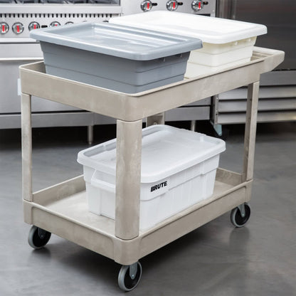 Rubbermaid Commercial Products Heavy Duty 2-Shelf Utility/Service Cart, Medium, Lipped Shelves, Storage Handle, 500 lbs. Capacity, Beige, for Warehouse/Garage/Cleaning/Maintenance