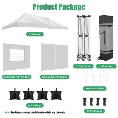 HOTEEL 10x20 Pop up Canopy Tent with 6 Removable Sidewalls, Wave Hem Roof 10x20 Canopy with Wheel Bag and 4 Sandbag, Commercial Pop up Tent Waterproof Sunshade for Market Wedding Party Stall (White)