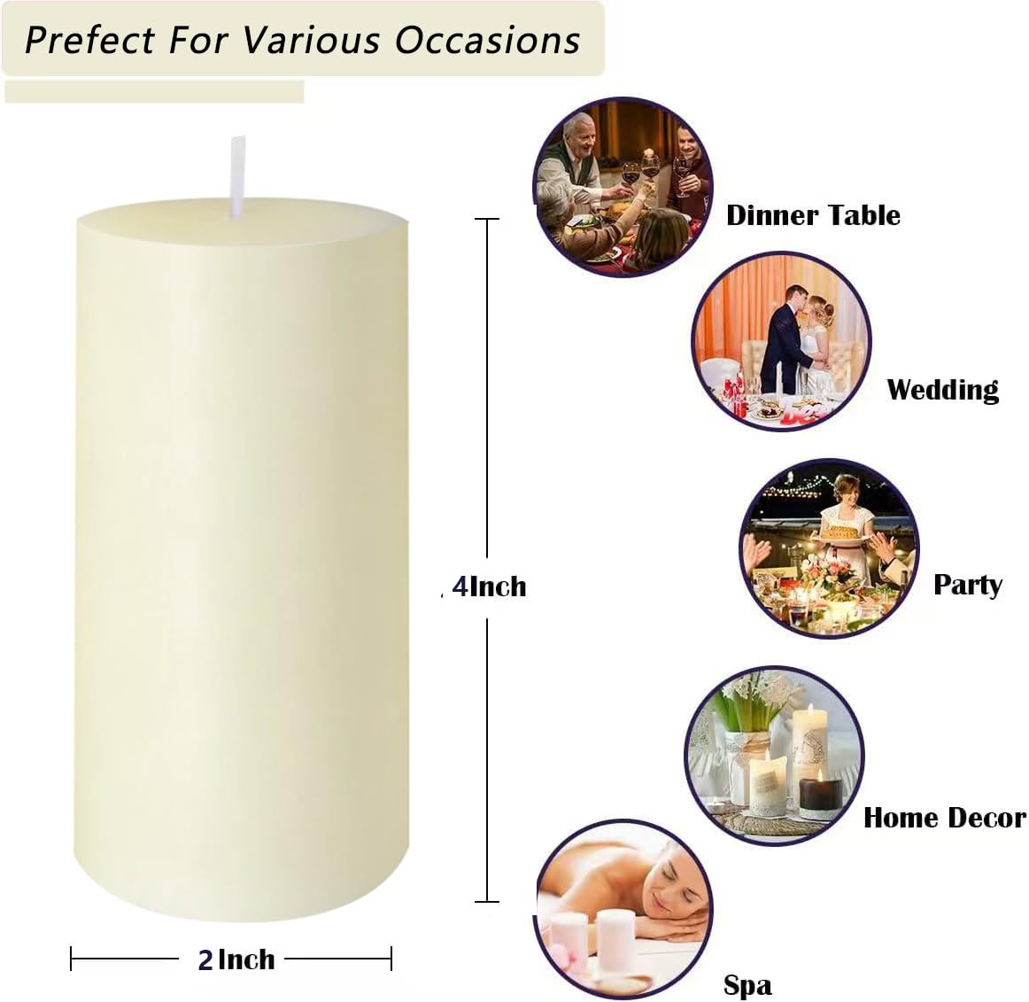 4 Pack Ivory Pillar Candles, 2x4 Inch, Long-Lasting, Dripless and Smokeless Unscented Candles, Ideal for Home Décor, Parties Weddings and Relaxation