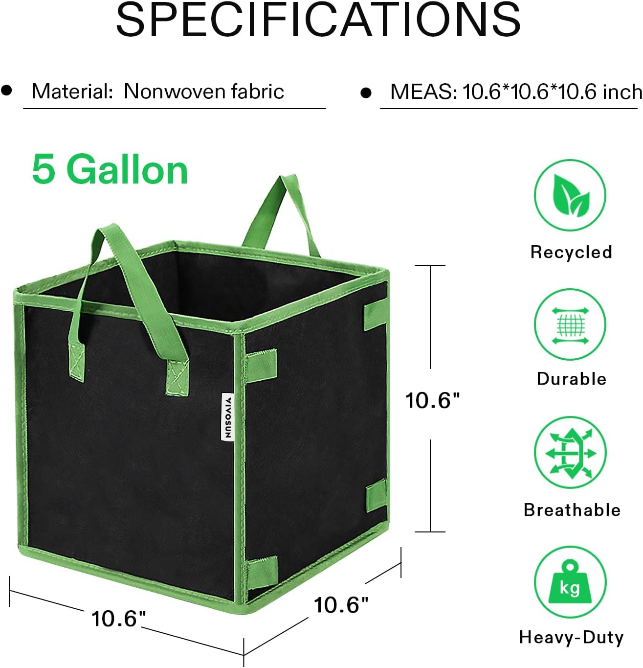 VIVOSUN 5 Gallon Square Grow Bags - Durable Nonwoven Fabric Pots with Handles for Gardening
