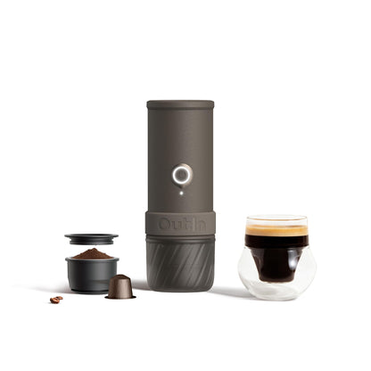 Outin Mino Portable Electric Espresso Machine, Mini Camping Coffee Maker for Travel, Pocket Sized Coffee Machine Self-Heating, Ground Coffee & NS Capsule Adapter For Adventure