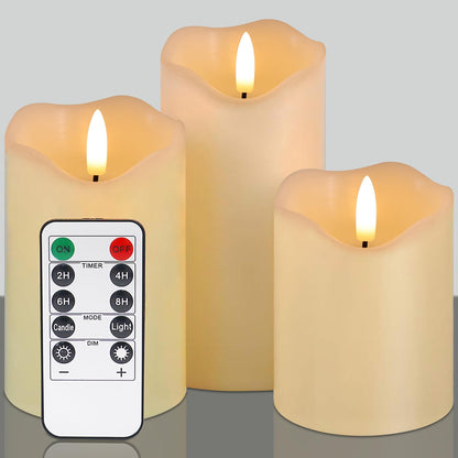 HVOPGEEUAN Flickering flameless Candles, Battery Operated Candles with Remote, led Pillar Candles，Electric Candle Set of 3，Christmas Home Wedding Birthday Decor（Ivory White） ﻿ ﻿