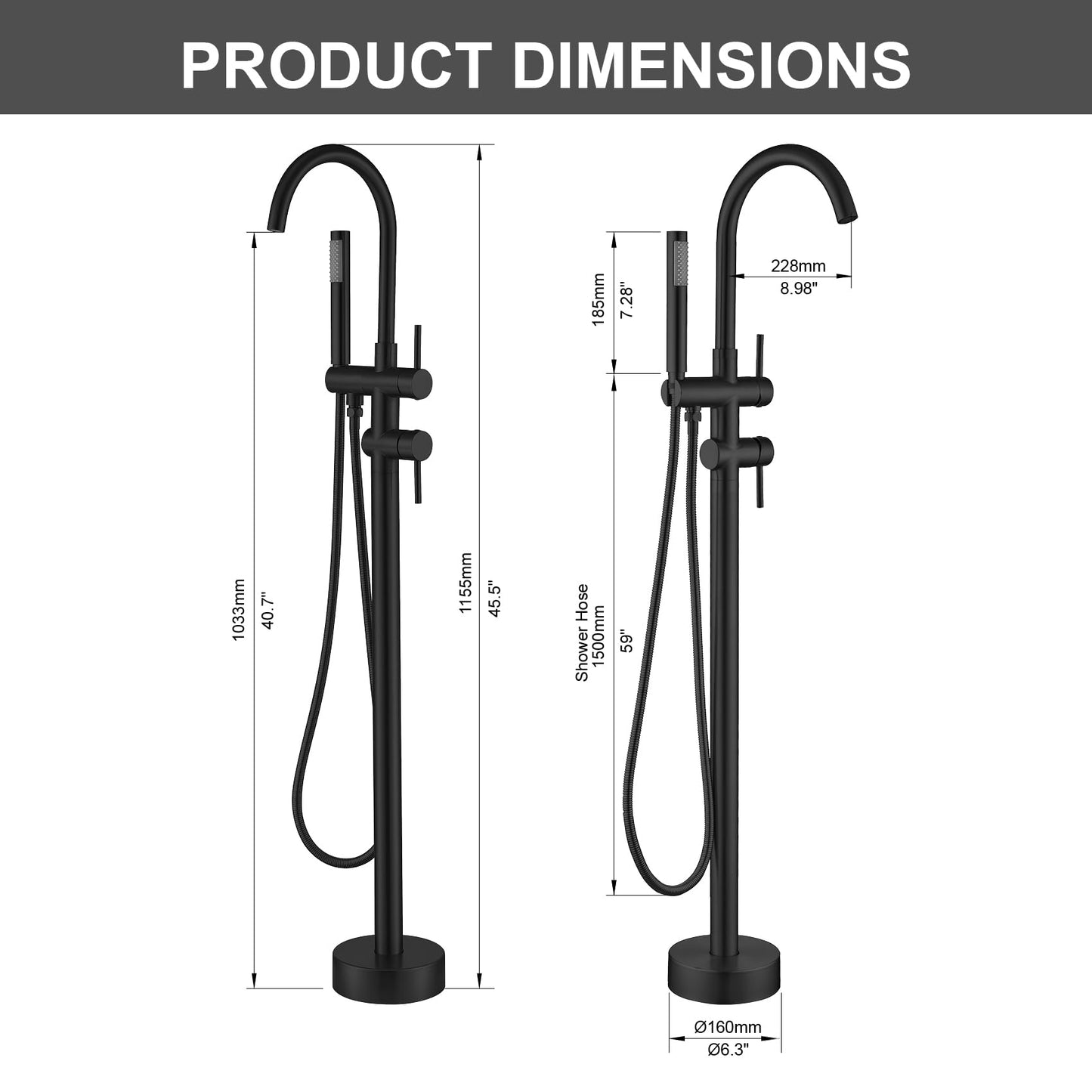 Taplong Matte Black Freestanding Tub Filler Faucet, Floor Mount Bathtub Faucet with Single Handle Handheld Shower, High Flow Bathroom Tub Faucet-51005B