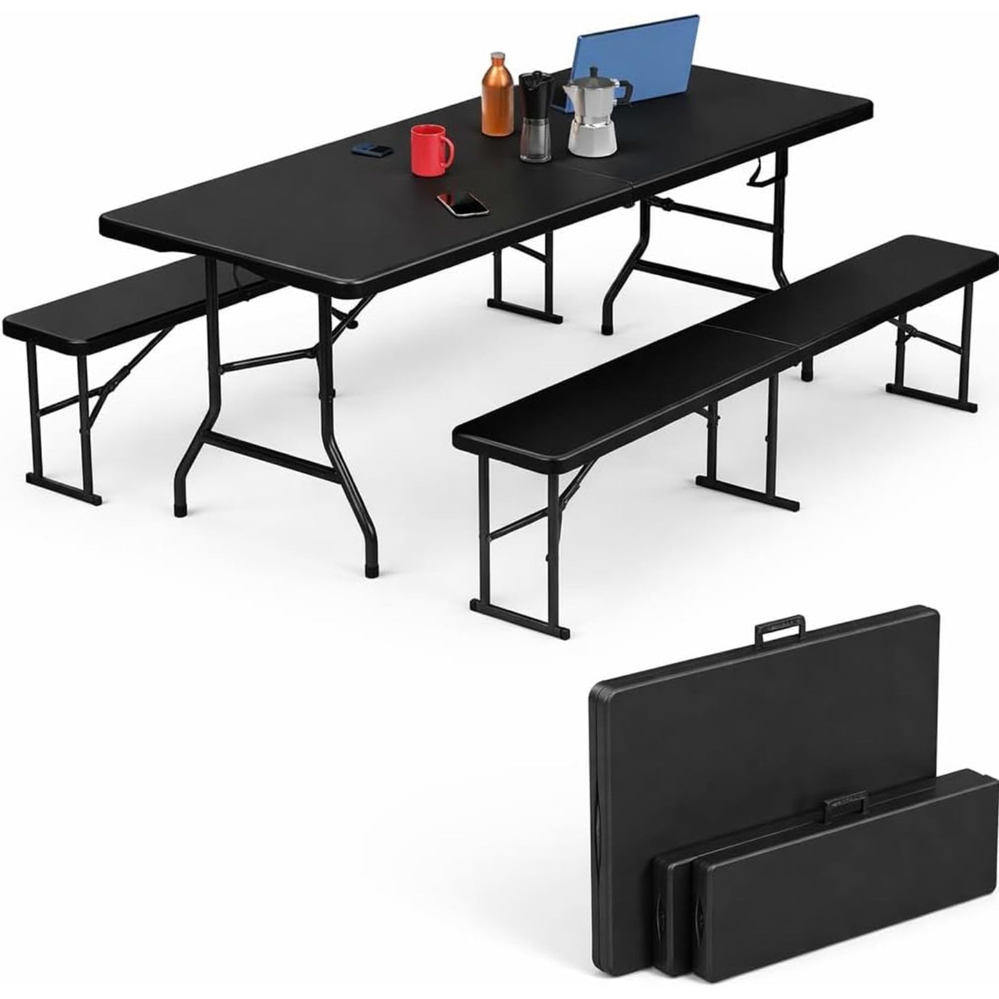 Simpli-Magic 6 Foot Folding Picnic Table Set with 2 Benches Portable Indoor Outdoor Camping Table for Working Meeting Party Picnic Weddings with Handle and Safety Locks Black