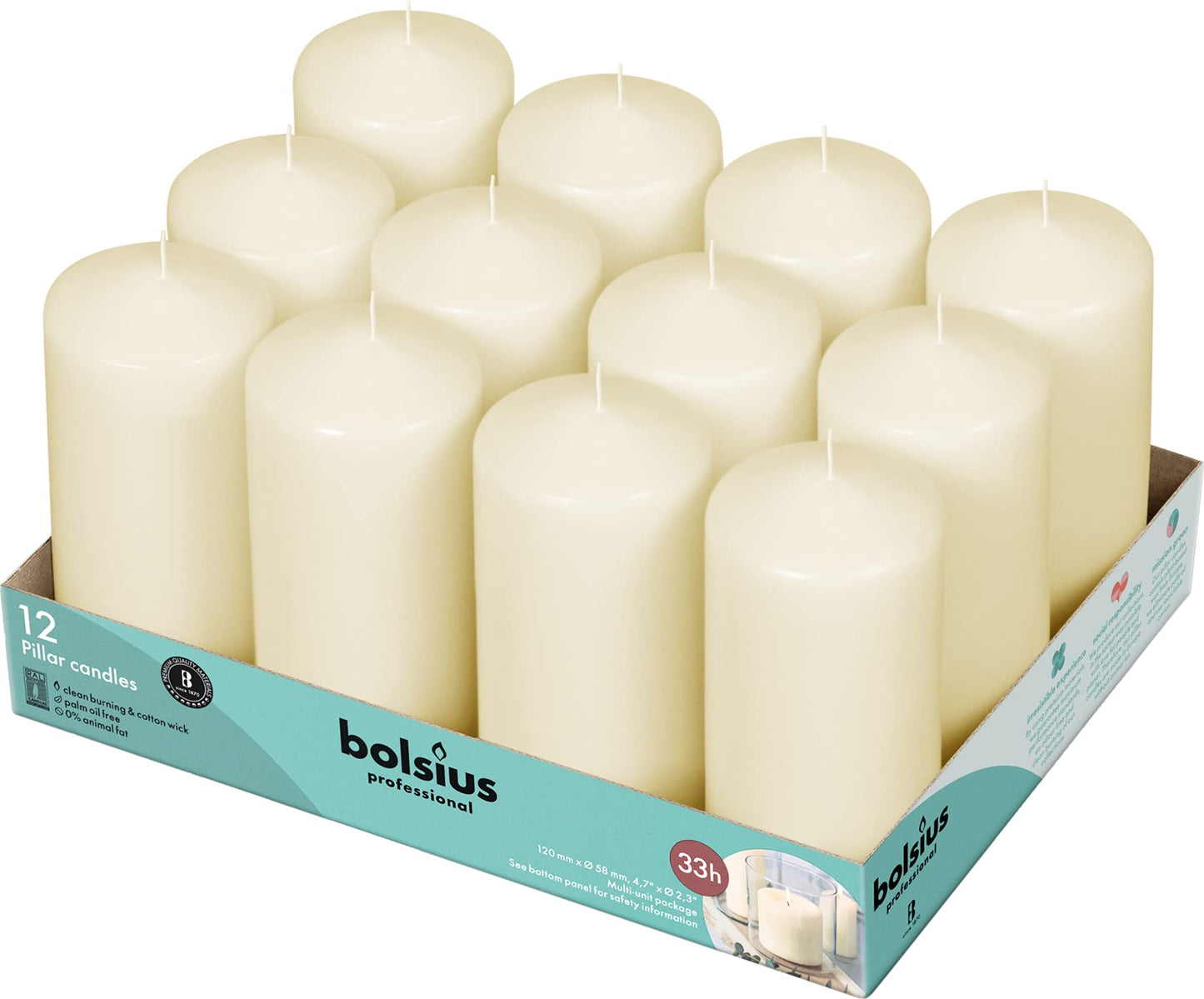 BOLSIUS Set of 12 Ivory Pillar Candles - 2.25-x 4.75 Inch Unscented Dripless Clean Burning Dinner Candle -Wedding Parties Special Occasions