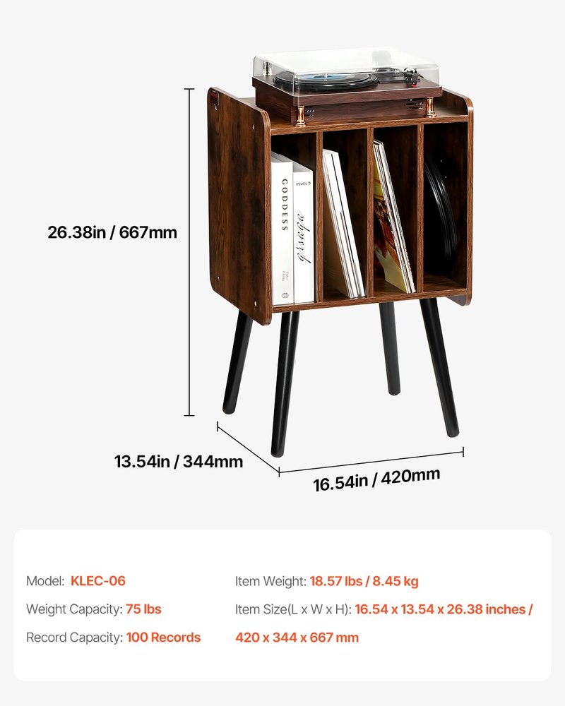VEVOR Record Player Stand, 2 Tiers Turntable Stand with 4 Cabinets, Holds up to 100 Albums, Wooden Vinyl Record Storage Cabinet with Display Shelf for Bedroom, Living Room, Brown