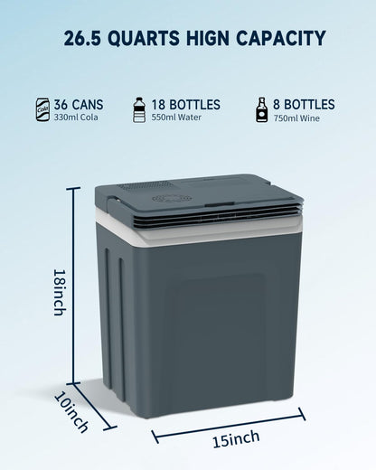 SubSun 27 Quart Electric Cooler and Warmer with Handle, 25L Portable Thermoelectric Fridge for Vehicles & Trucks, 12 Volt Car Fridge Cooler with 12V DC & 110 AC for Camping, Travel & Picnics, Grey