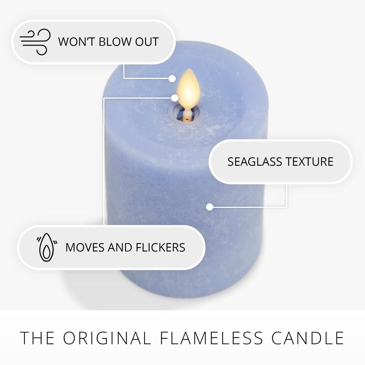 Luminara Sea Glass Flameless Candle, Cornflower 3" x 6.5", Moving LED Flame Pillar with Timer, Battery Operated, Real Wax, Unscented Home Décor