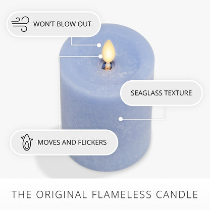 Luminara Sea Glass Flameless Candle, Cornflower 3" x 6.5", Moving LED Flame Pillar with Timer, Battery Operated, Real Wax, Unscented Home Décor