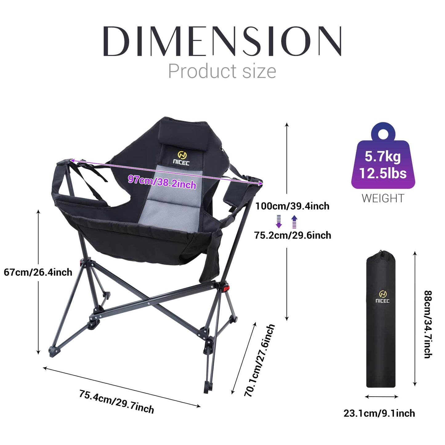 Nice C Hammock Camping Chair, Outdoor Folding Rocker Lawn Chair, Portable Swinging Sports Rocket Chairs, High Back with Stand, Cup Holder, Side Pocket, Heavy Duty, Sport (2 Pack)