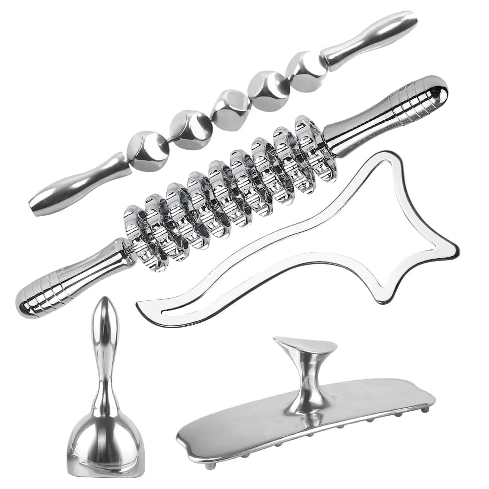 ONUEMP 5-in-1 Stainless Steel Therapy Massage Tools, Gua Sha Scraping Fascia Massage, Maderoterapia Kit Colombiana for Lymphatic Drainage, Cellulite Remover, Ice Body Sculpting