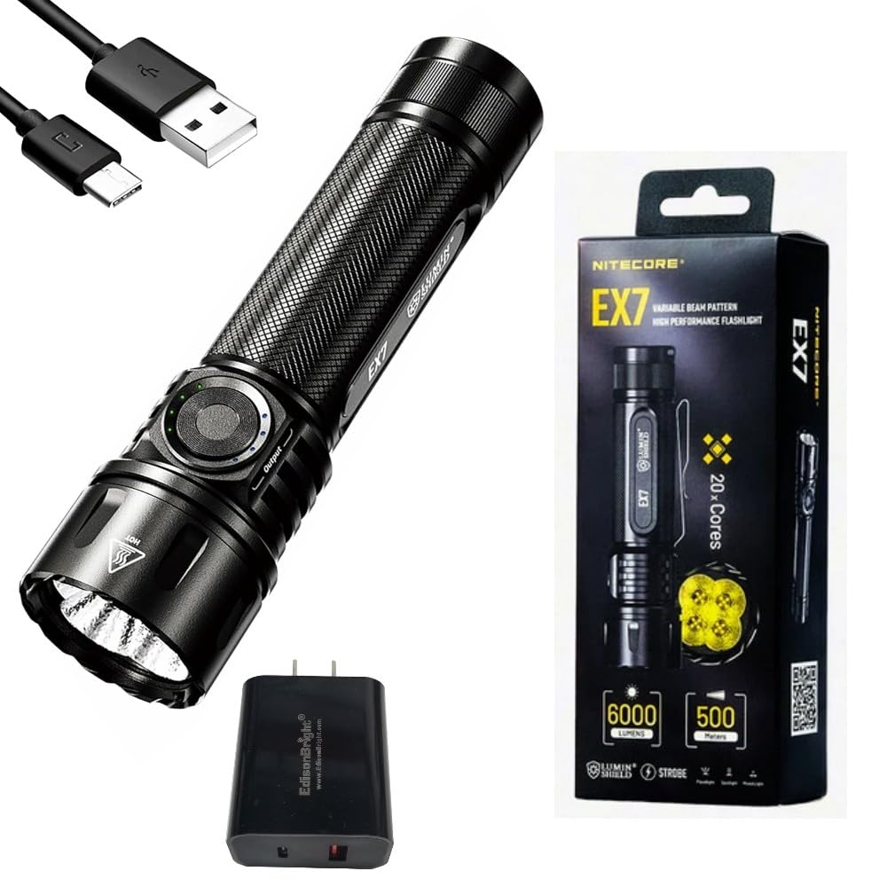 Nitecore EX7 6000 Lumen Rechargeable Multi Beam Pattern Flood/spot LED Flashlight w/EdisonBright Brand Charging Adapter