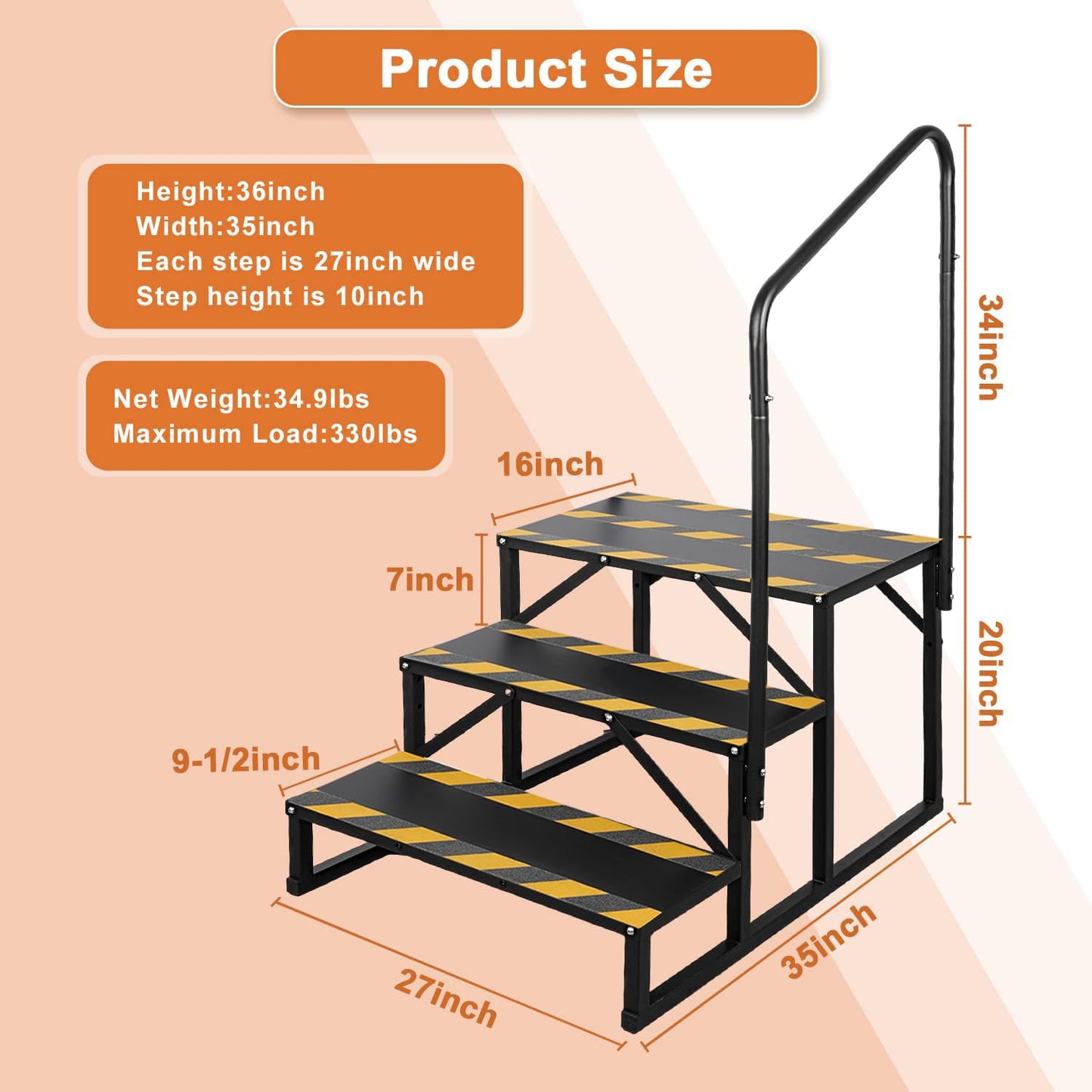 Kinchoix 3 Step RV Stairs, Hot Tub Steps, Outdoor Spa Step Ladder with Handrail,Portable Economy 5th Wheel Stair for Travel Trailer, Motor Home, Camper and Porch with Non-Skid Tapes