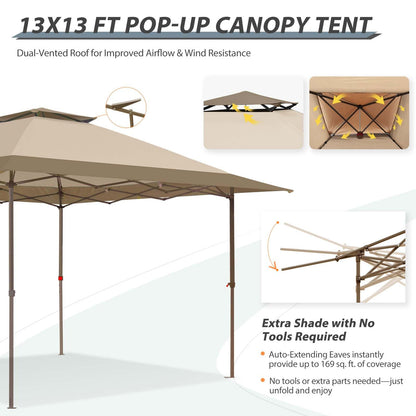 EAGLE PEAK 13x13 Straight Leg Pop Up Canopy Tent Instant Outdoor Canopy Easy Single Person Set up Folding Shelter w/Auto Extending Eaves 169 Square Feet of Shade (Beige)