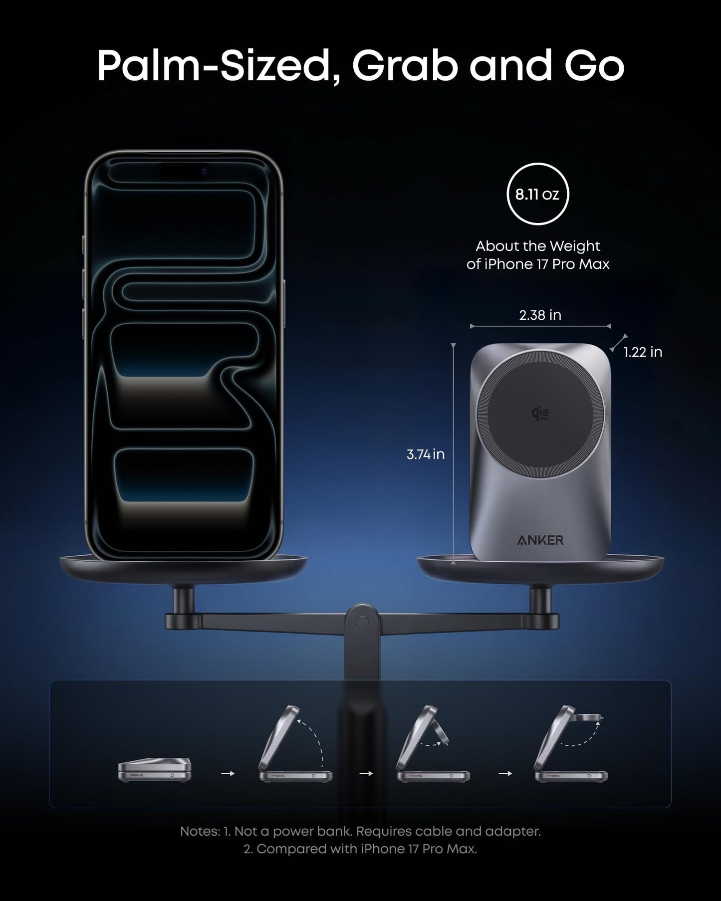 Anker Prime Foldable MagSafe Charger, 25W Qi2.2-Certified Palm-Sized Travel-Ready 3-in-1 Charging Station, AirCool Wireless Charger, for iPhone 17, Apple Watch, AirPods (Non-Battery, with Adapter)