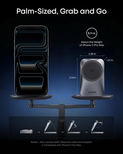 Anker Prime Foldable MagSafe Charger, 25W Qi2.2-Certified Palm-Sized Travel-Ready 3-in-1 Charging Station, AirCool Wireless Charger, for iPhone 17, Apple Watch, AirPods (Non-Battery, with Adapter)