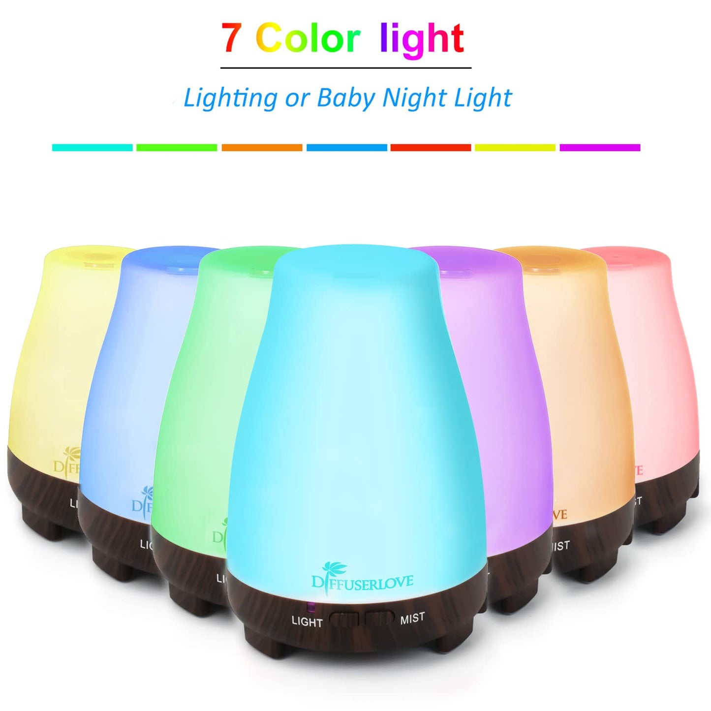 Diffuserlove Essential Oil Diffusers 200ML Remote Control Ultrasonic Mist Humidifiers BPA-Free Aromatherapy Diffuser with 7 Color Lights, Auto Shut-Off for Bedroom Office Kitchen
