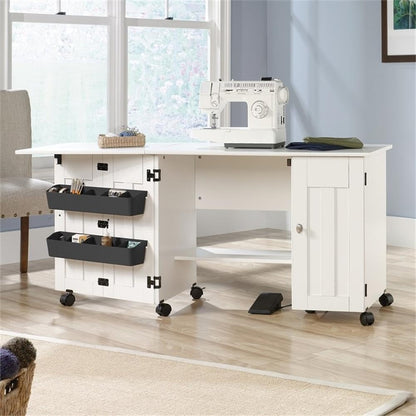 Sauder Folding SewingTable & Craft Cart Storage Cabinet, in Soft White