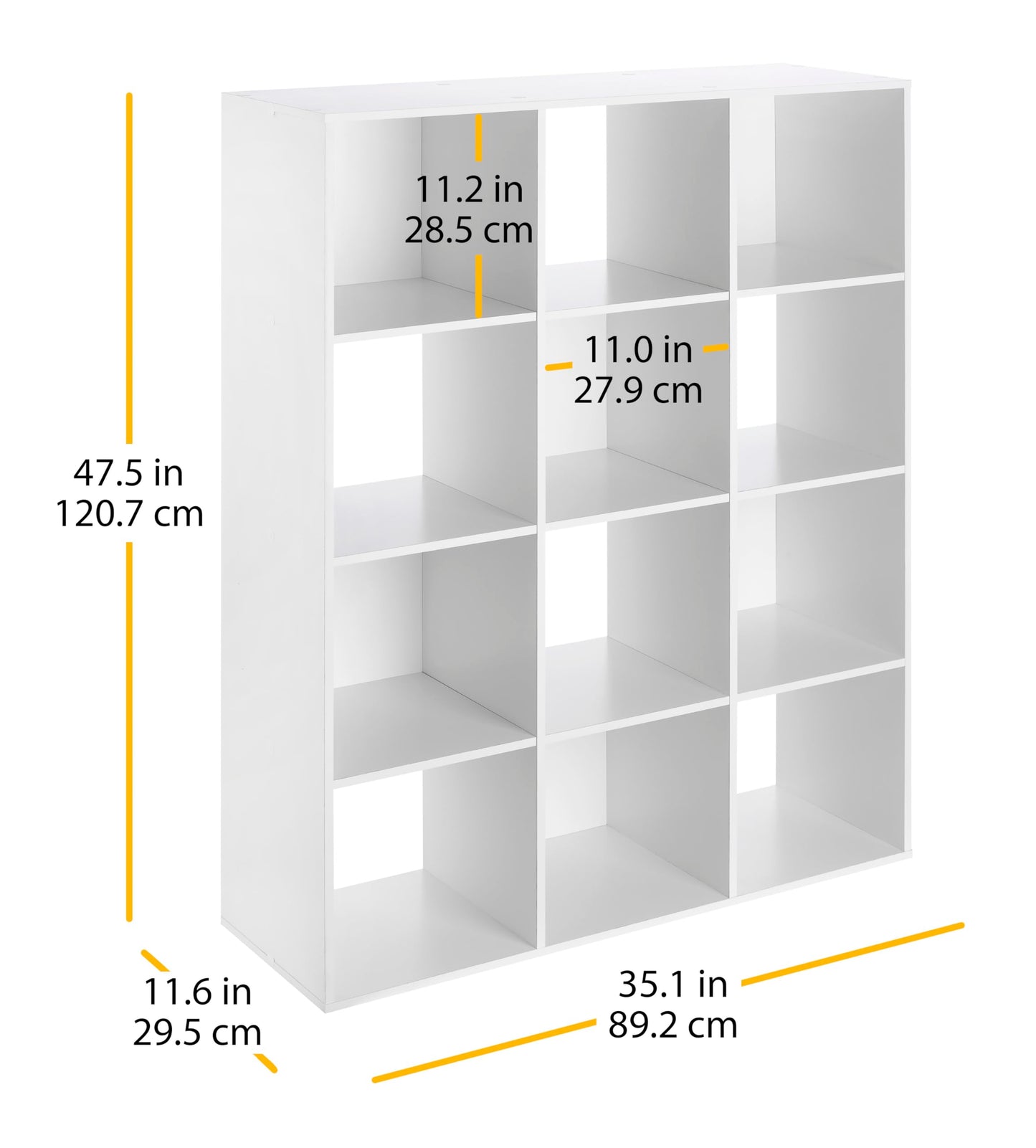 Whitmor 12 Cube Storage Organizer, 4 Tier Stackable Mdf Wood Bookcase, Open Storage Display Bookshelf, Storage Cabinet for Living Room, Bedroom, Home, Office, 35.1"L x 11.6"W x 47.5"H, White
