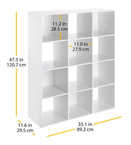 Whitmor 12 Cube Storage Organizer, 4 Tier Stackable Mdf Wood Bookcase, Open Storage Display Bookshelf, Storage Cabinet for Living Room, Bedroom, Home, Office, 35.1"L x 11.6"W x 47.5"H, White