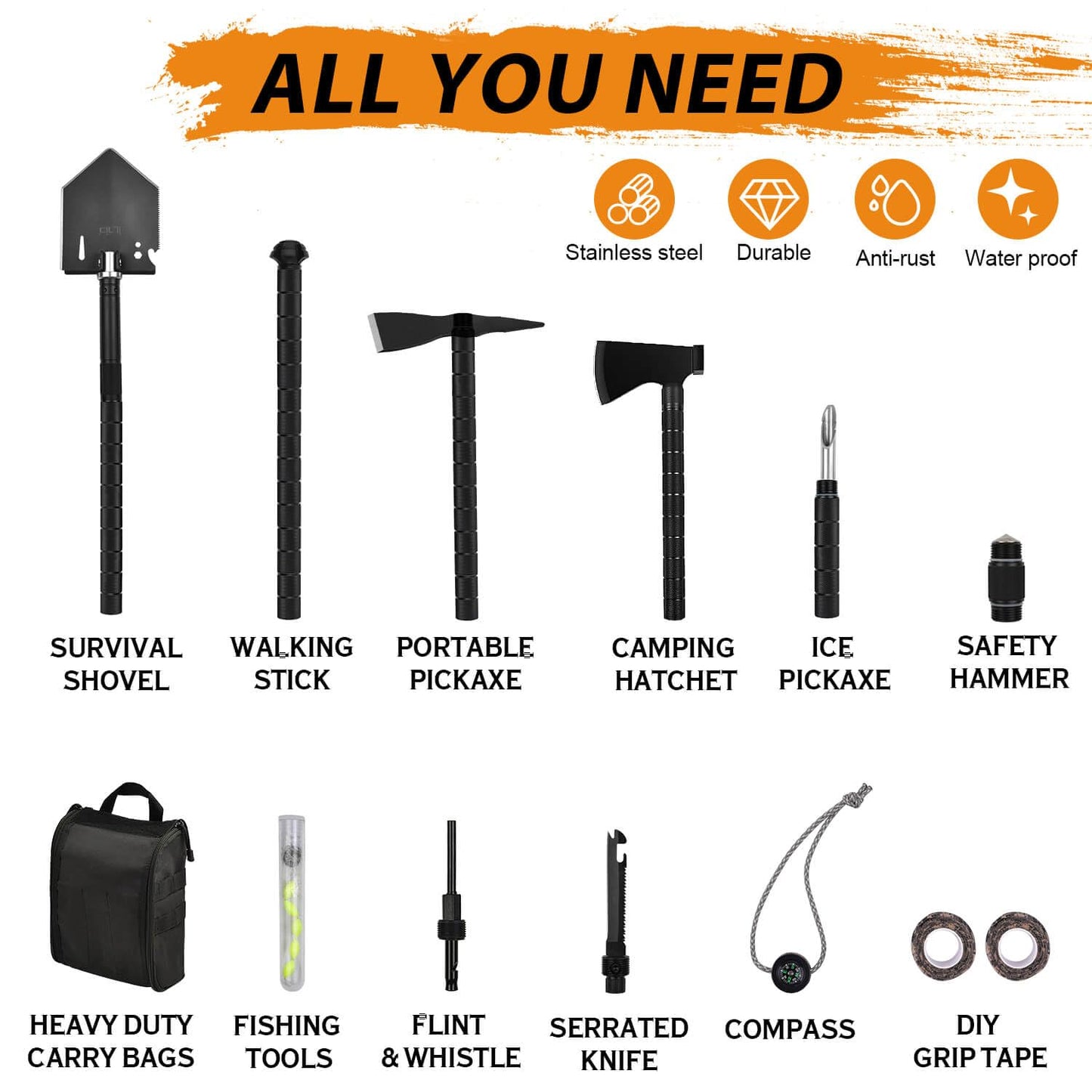 IUNIO Survival Off-Roading Tool Kit, 19 in 1 Folding Shovel, Camping Axe, Multitool, Pickaxe, with Carrying Bag, for Outdoor, Car Emergency (Upgrade Black)