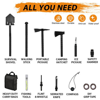 IUNIO Survival Off-Roading Tool Kit, 19 in 1 Folding Shovel, Camping Axe, Multitool, Pickaxe, with Carrying Bag, for Outdoor, Car Emergency (Upgrade Black)