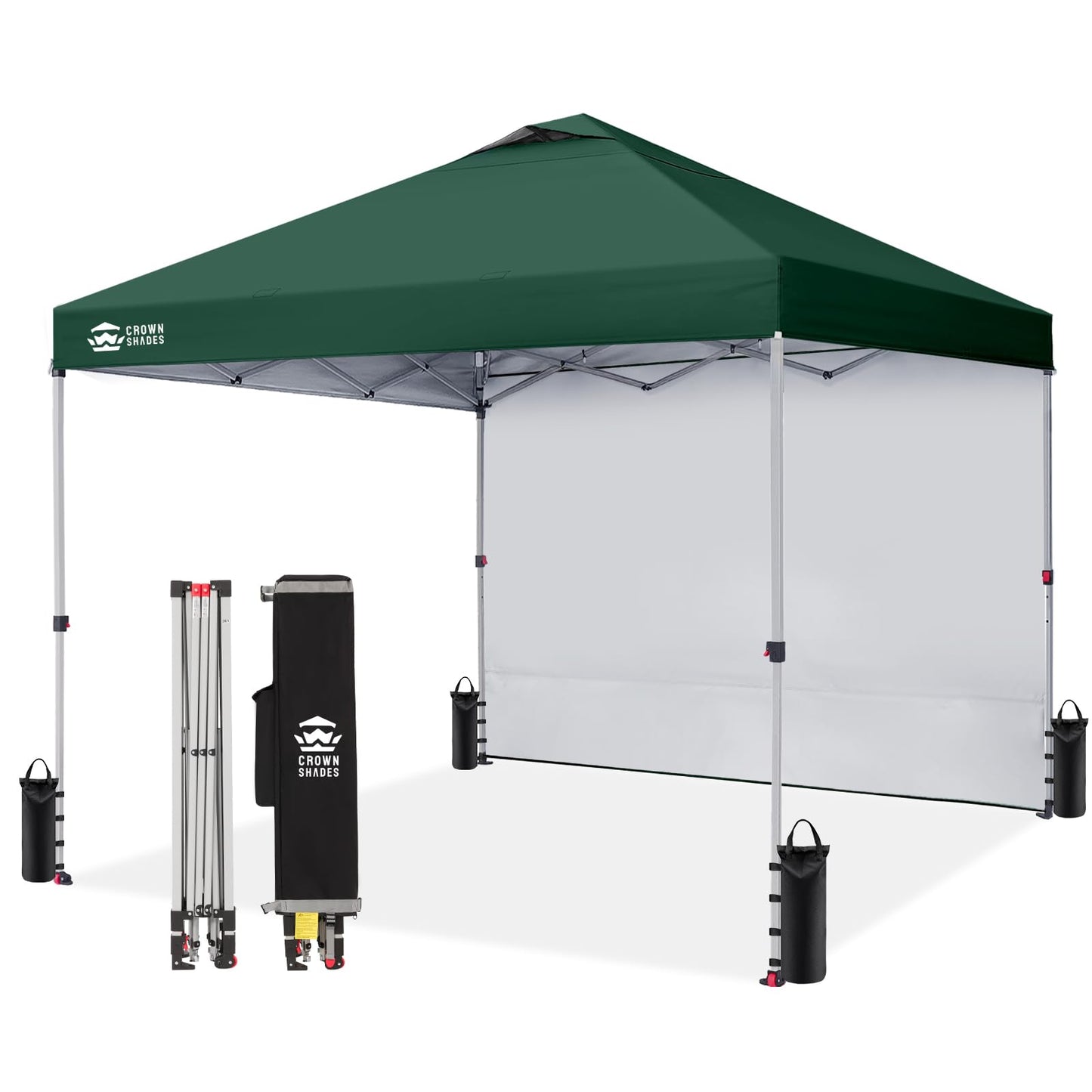 CROWN SHADES Pop Up Canopy with 1 Side Wall - Beach Tent with One Push Setup - Outdoor Sun Shade for Events, Parties, Camping - Gazebo with STO-N-Go Cover Bag, Forest Green, 12x12FT