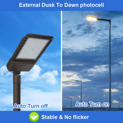 Juyace 300W LED Parking Lot Light with Slip Fitter Mount Pole Flood 5000K IP65 Waterproof Commercial Street Dusk to Dawn Photocell Lighting 100-277V