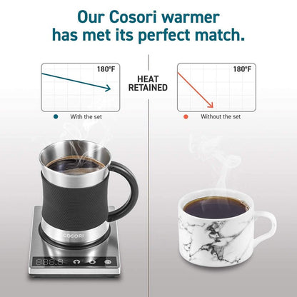 COSORI Coffee Mug Warmer & Mug Set for Desk, Cup Heater, Office & Christmas Gifts, 1°F Precise Temperature Control, Touch Tech & LCD Digital Display (77-194℉), 304 Stainless Steel, Silver/Black