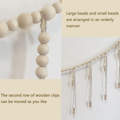 Kintyno Hanging Photo Display with 22 Clips, Wooden Bead Garland, Boho Style Collage Photo Frame Decoration for Dorms, Classrooms, Bedrooms