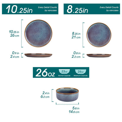 vancasso PLAYA Plates and Bowls Sets, 24 Pieces Grey-Blue Dinnerware Sets for Kitchen, Reactive Glaze Dishes Set for 8, Dishwasher and Microwave Safe