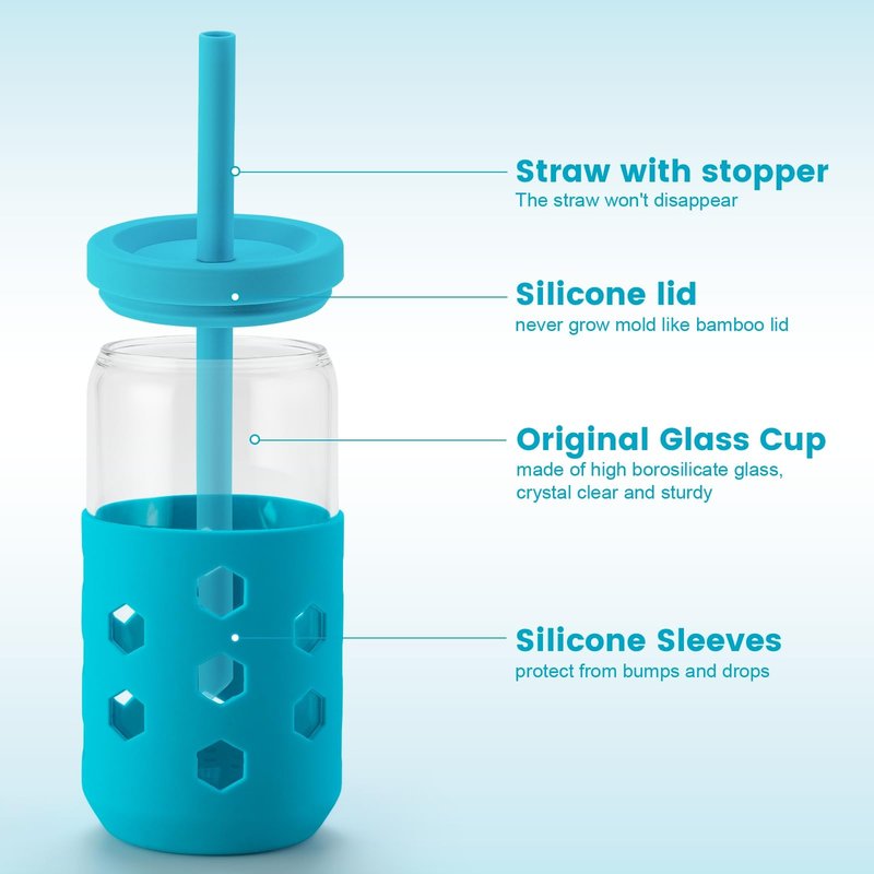 Mrsdry 16 oz Glass Cups With Lids and Straws, 4-Pack Iced Coffee Cup - Smoothie Cup With Silicone Lid and Sleeve for Coffee Bar Accessory, Cute Drinking Glasses Set Reusable Glass Tumbler for Gifts