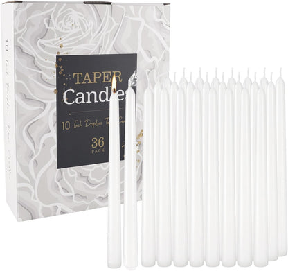 YOROXRG 36 Pack White Taper Candles, 7-8 Hours Burn Time, Unscented, Smokeless and Dripless, 0.8 x 10 Inch Dinner Candle Set for Household, Wedding, Party and Home Décor Candlesticks