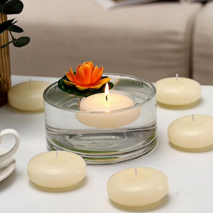 KNOURT 24 Pack Floating Candles, 3” Ivory Unscented Dripless Wax Burning Candles, for Weddings, Party, Cylinder Vases, and Home Decorations