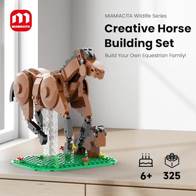Horse Toys Building Set Realistic Horse Figurines 2-in-1 Mother &amp Foal Horse with Green Base Flowers &amp Grass Creative Animal Building Toy for Kids Ages 6+