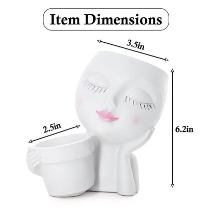 Face Planter Pot, 2-in-1 Resin Head Planter with Mini Pot, Cute Lady Flower Pots with Drainage for Indoor Outdoor Plants, Unique Succulent Cactus Planter, Ideal Gardening Gifts for Women Mom (White)