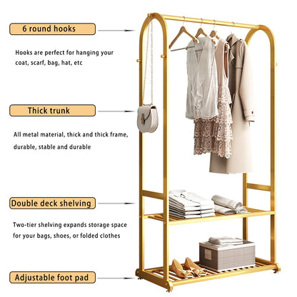 BUZUEY Gold Clothing Rack,Metal Garment Rack with Bottom Storage Shelves and 6 Side Hooks,modern Sturdy clothes racks for hanging clothes,Freestanding Wardrobe Rack for Bedroom or Boutique (L:39.4IN)
