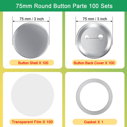 100 Sets 75mm/3" Button Maker Supplies, Complete DIY Supplies for Custom Buttons & Badges, Metal Covers, Metal Backs& Clear Film for Button Maker Machine, Pin Maker, Badge Button Press